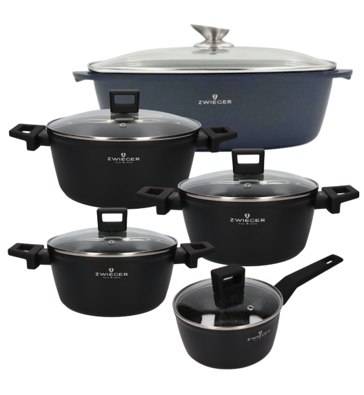 ZWIEGER FORTE Komplet garnków z pokrywkami 8 el / 16, 18, 20, 24 cm + Brytfanna VERON / aluminium