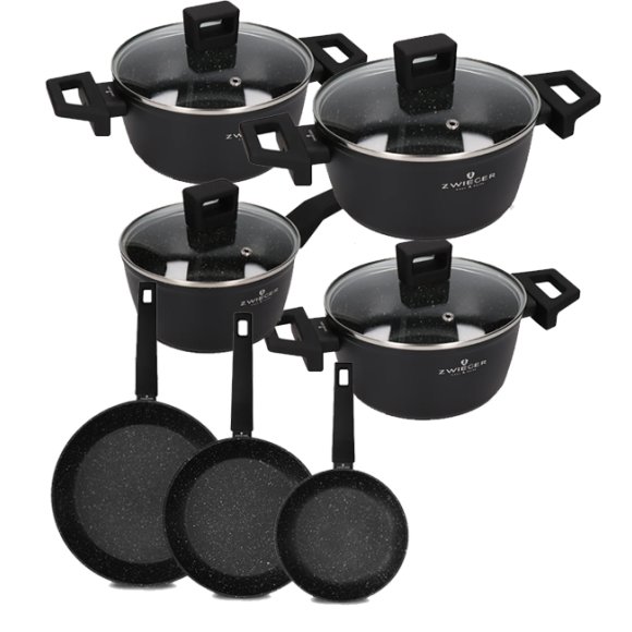 ZWIEGER FORTE Komplet garnków z pokrywkami 8 el /16, 18, 20, 24 cm + Patelnia 20, 24, 28 cm  aluminium