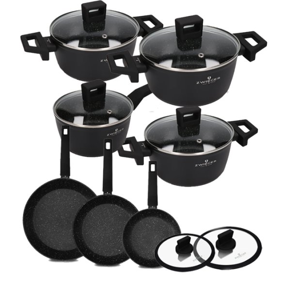 ZWIEGER FORTE Komplet garnków z pokrywkami 8 el /16, 18, 20, 24 cm + Patelnia 20, 24, 28 cm+ pokrywki Zwieger / aluminium