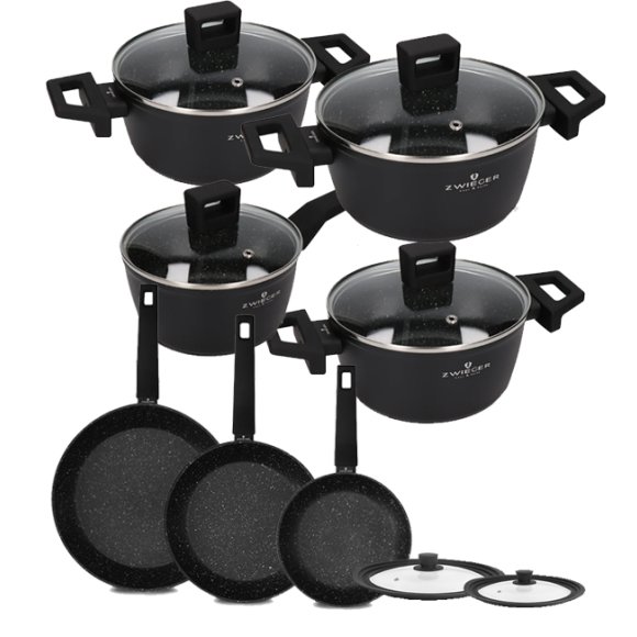 ZWIEGER FORTE Komplet garnków z pokrywkami 8 el /16, 18, 20, 24 cm + Patelnia 20, 24, 28 cm+ pokrywki silikonowe / aluminium