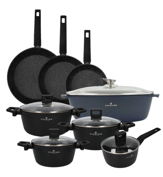 ZWIEGER FORTE Komplet garnków z pokrywkami 8 el /16, 18, 20, 24 cm + Patelnia 20, 24, 28 cm + Brytfanna VERON / aluminium