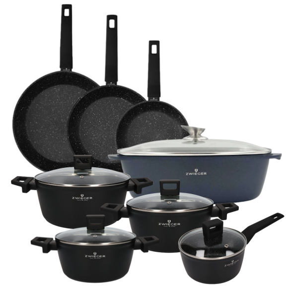ZWIEGER FORTE Komplet garnków z pokrywkami 8 el /16, 18, 20, 24 cm + Patelnia 20, 24, 28 cm + Brytfanna VERON / aluminium