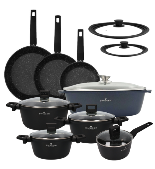 ZWIEGER FORTE Komplet garnków z pokrywkami / 16, 18, 20, 24 cm + Patelnia 20, 24, 28 cm + Brytfanna VERON + Pokrywki silikonowe KAIA HOME