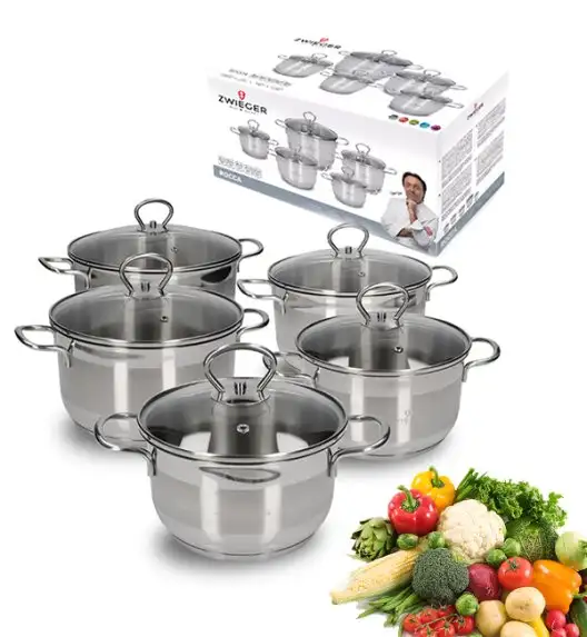 ZWIEGER ROCCA Komplet garnków z pokrywkami 10 el / stal nierdzewna + Patelnia 20, 24, 28 cm 