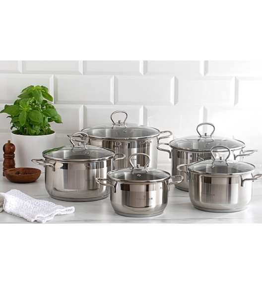 ZWIEGER ROCCA Komplet garnków z pokrywkami 10 el / stal nierdzewna + Patelnia 20, 24, 28 cm + pokrywki