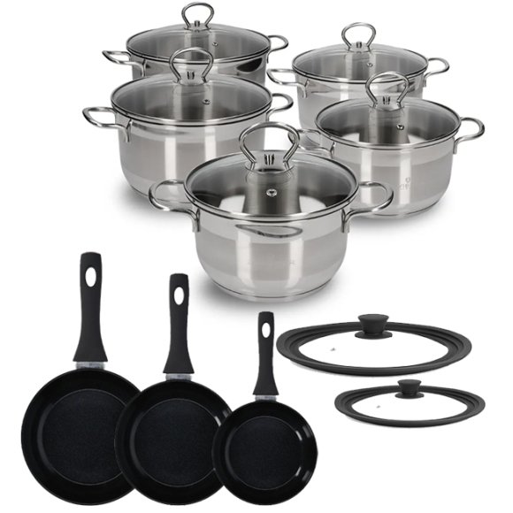 ZWIEGER ROCCA Komplet garnków z pokrywkami 10 el / stal nierdzewna + Patelnia 20, 24, 28 cm + pokrywki