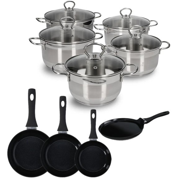 ZWIEGER ROCCA Komplet garnków z pokrywkami 10 el / stal nierdzewna + Patelnia 20, 24, 28 cm + naleśnikowa 25 cm