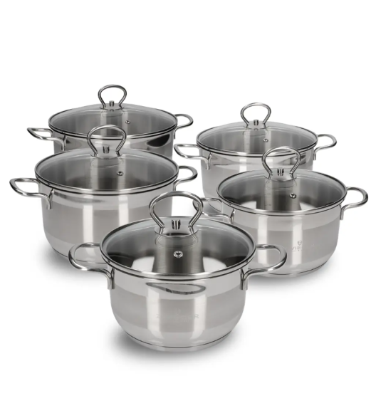 ZWIEGER ROCCA Komplet garnków z pokrywkami 10 el / stal nierdzewna + Patelnia 20, 24, 28 cm + naleśnikowa 25 cm