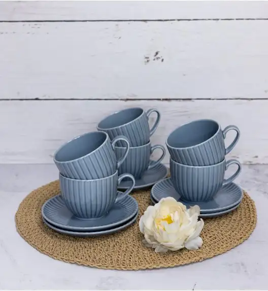 LUBIANA DAISY SEASIDE K9 Komplet 12x filiżanka 200 ml + spodek 14,5 cm / szaro - niebieski