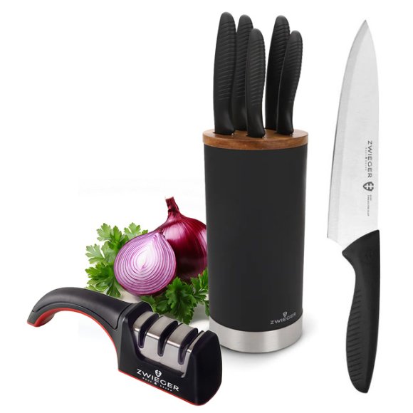 ZWIEGER ROCCA Komplet 5 noży w czarnym bloku / stal nierdzewna + drewno + ostrzałka Rapid