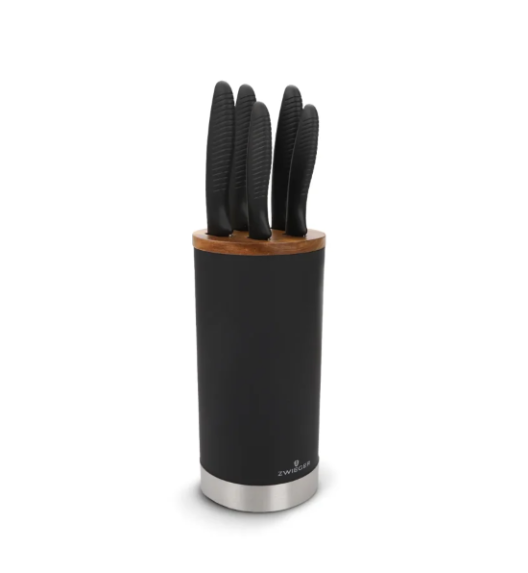 ZWIEGER ROCCA Komplet 5 noży w czarnym bloku / stal nierdzewna + drewno + ostrzałka Rapid