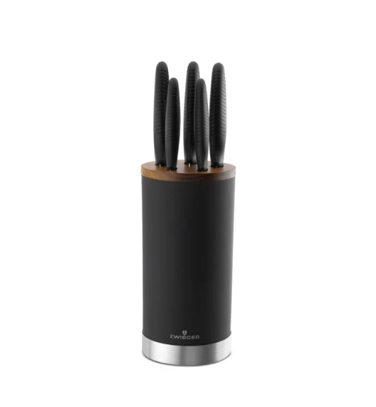ZWIEGER ROCCA Komplet 5 noży w czarnym bloku / stal nierdzewna + drewno + ostrzałka Rapid