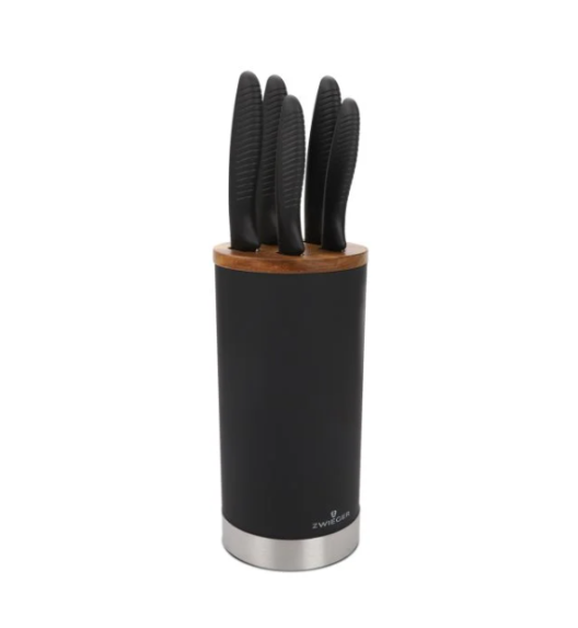 ZWIEGER ROCCA Komplet 5 noży w czarnym bloku / stal nierdzewna + drewno + ostrzałka Rapid