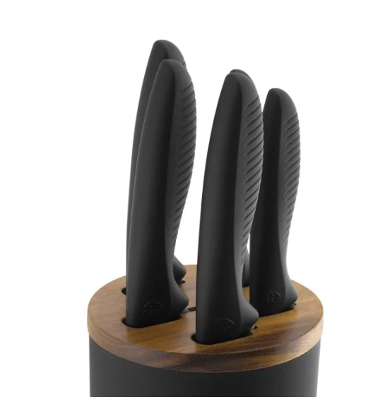 ZWIEGER ROCCA Komplet 5 noży w czarnym bloku / stal nierdzewna + drewno + ostrzałka Rapid