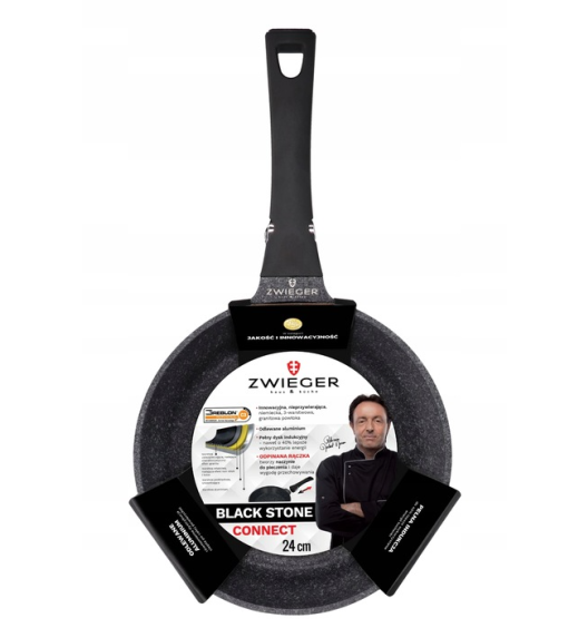 ZWIEGER BLACK STONE CONNECT Patelnia 24 cm z odczepianą rączką + pokrywka uniwersalna 24/26/28 cm | GREBLON non-stick
