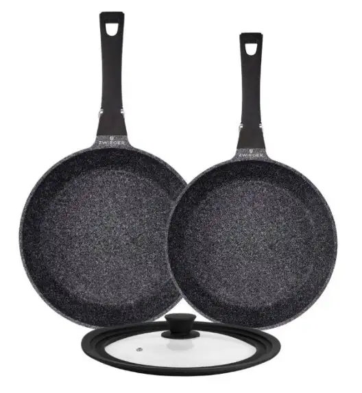 ZWIEGER BLACK STONE CONNECT Komplet patelni 24, 28 cm z odczepianą rączką + pokrywka uniwersalna 24/26/28 cm | GREBLON C3 GRANITE non-stick