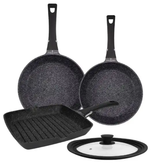 ZWIEGER BLACK STONE CONNECT Komplet patelni 24, 28 cm + grillowa 28 cm + pokrywka uniwersalna 24/26/28 cm | z odczepiana rączką | GREBLON C3 GRANITE non-stick