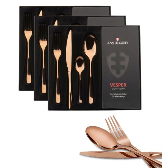 ZWIEGER VESPER COPPERY Sztućce komplet 72 elementy dla 18 osób / miedziane