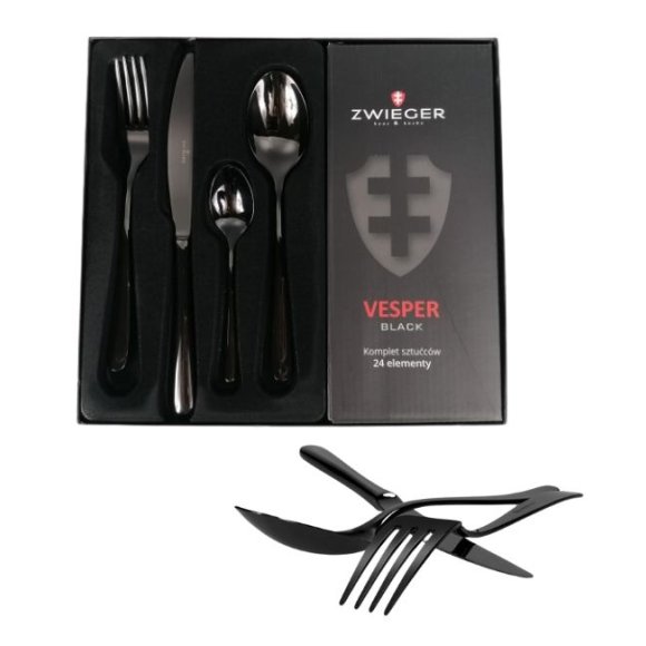 ZWIEGER VESPER BLACK Sztućce komplet 24 elementy dla 6 osób / czarne
