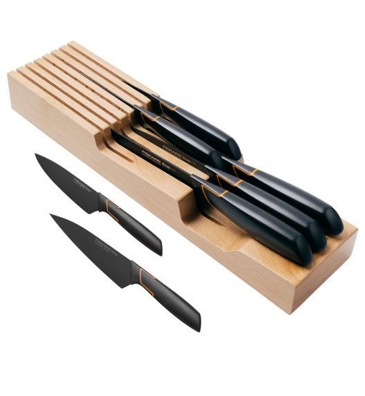 FISKARS EDGE Komplet 7 noży kuchennych + drewniany blok do szuflady 