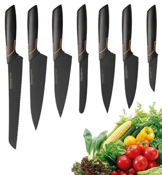 FISKARS EDGE Komplet 7 noży kuchennych + drewniany blok do szuflady 