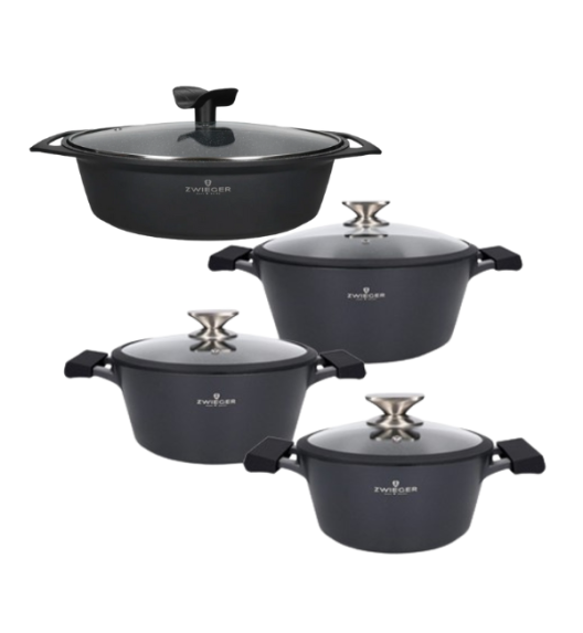 ZWIEGER BLACK STONE Zestaw garnków z pokrywkami 20, 24, 28 cm + Brytfanna 40 cm / GREBLON non-stick
