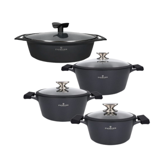 ZWIEGER BLACK STONE Zestaw garnków z pokrywkami 20, 24, 28 cm + Brytfanna 33 cm / GREBLON non-stick
