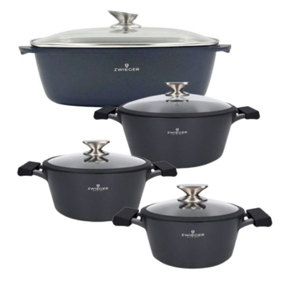 ZWIEGER BLACK STONE Zestaw garnków z pokrywkami 20, 24, 28 cm + Brytfanna 32 cm / GREBLON C3 GRANITE non-stick