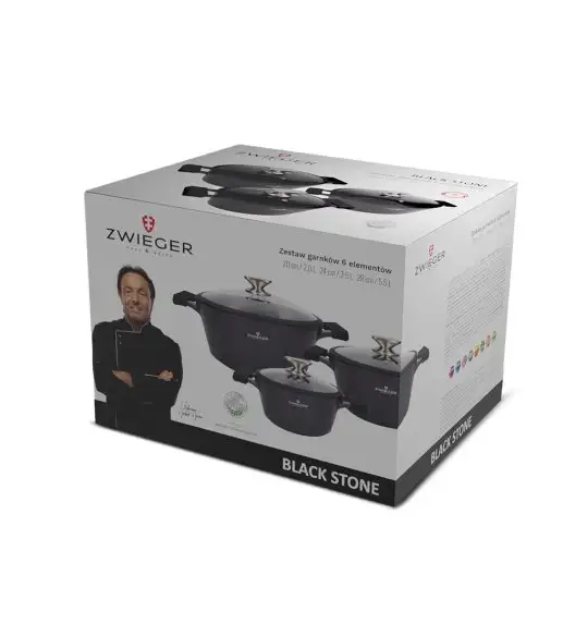 ZWIEGER BLACK STONE Zestaw garnków z pokrywkami 20, 24, 28 cm + Brytfanna 32 cm / GREBLON C3 GRANITE non-stick