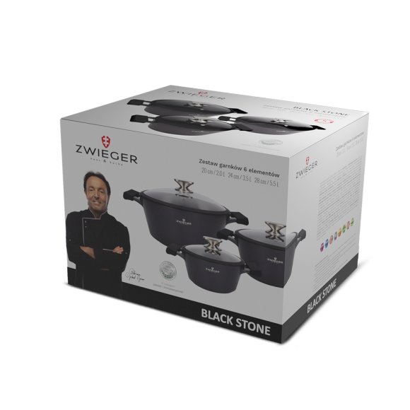 ZWIEGER BLACK STONE Zestaw garnków z pokrywkami 20, 24, 28 cm + Brytfanna 33 cm / GREBLON non-stick