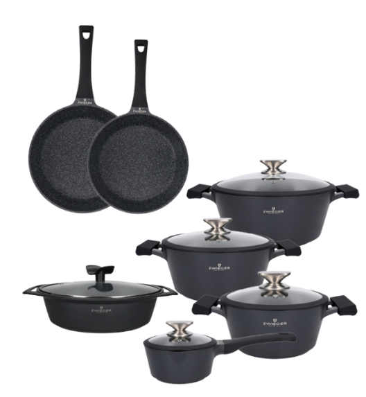 ZWIEGER BLACK STONE Zestaw garnków z pokrywkami 20, 24, 28 cm + Rondel 16 cm + Patelnie 20, 28 cm + Brytfanna 33 cm