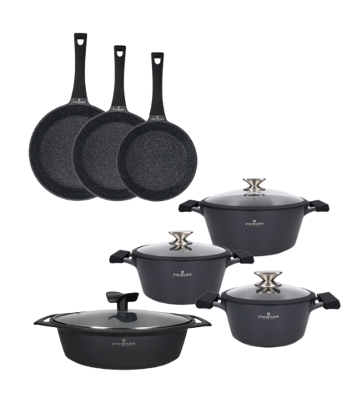ZWIEGER BLACK STONE Zestaw garnków z pokrywkami 20, 24, 28 cm + Patelnie 20, 24, 28 cm + Brytfanna 32 cm