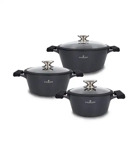 ZWIEGER BLACK STONE Zestaw garnków z pokrywkami 20, 24, 28 cm + Patelnie 20, 24, 28 cm + Brytfanna 33 cm