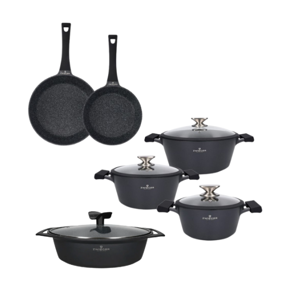 ZWIEGER BLACK STONE Zestaw garnków z pokrywkami 20, 24, 28 cm + Patelnie 20, 28 cm + Brytfanna 33 cm