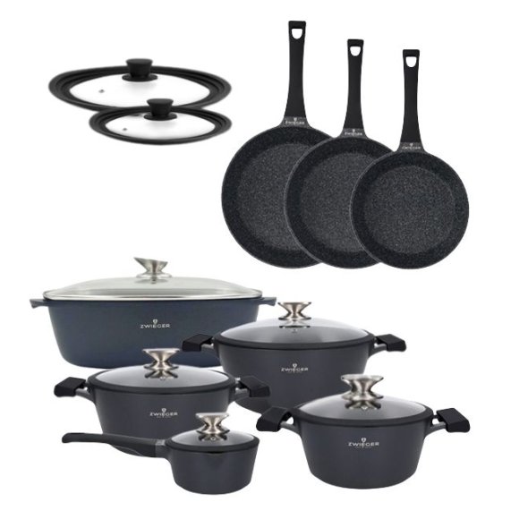 ZWIEGER BLACK STONE Zestaw garnków z pokrywkami 20, 24, 28 cm + Rondel 16 cm + Patelnie 20, 24, 28 cm + Brytfanna VERON + Pokrywki silikonowe KAIA HOME