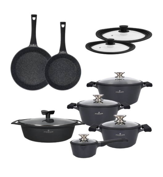 ZWIEGER BLACK STONE Zestaw garnków z pokrywkami 20, 24, 28 cm + Rondel 16 cm + Patelnie 20, 28 cm + Brytfanna Forte 40 cm + Pokrywki silikonowe TADAR