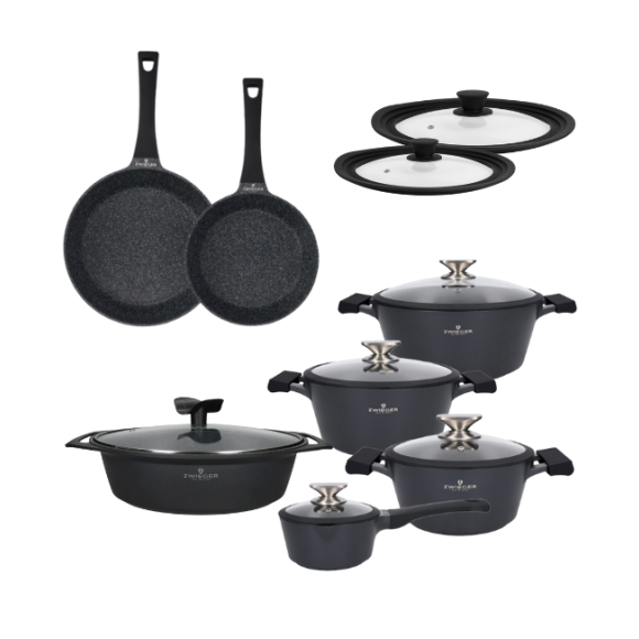 ZWIEGER BLACK STONE Zestaw garnków z pokrywkami 20, 24, 28 cm + Rondel 16 cm + Patelnie 20, 28 cm + Brytfanna Forte 33 cm + Pokrywki silikonowe TADAR