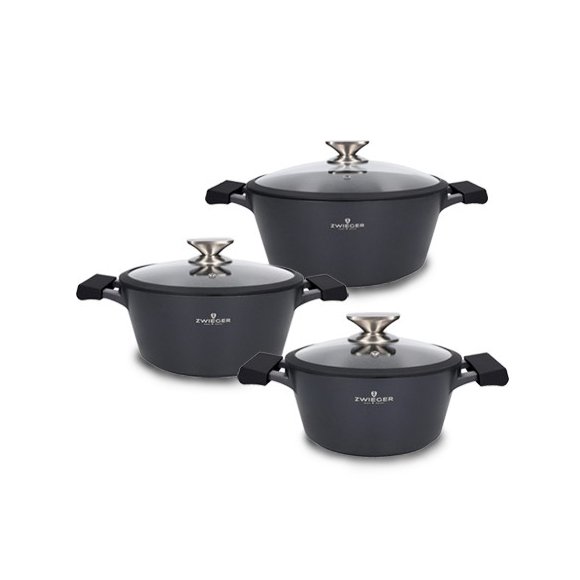 ZWIEGER BLACK STONE Zestaw garnków z pokrywkami 20, 24, 28 cm + Patelnie 20, 28 cm + Brytfanna 40 cm + Pokrywki silikonowe TADAR