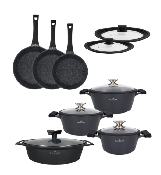 ZWIEGER BLACK STONE Zestaw garnków z pokrywkami 20, 24, 28 cm + Patelnie 20, 24, 28 cm + Brytfanna 33 cm + Pokrywki silikonowe TADAR