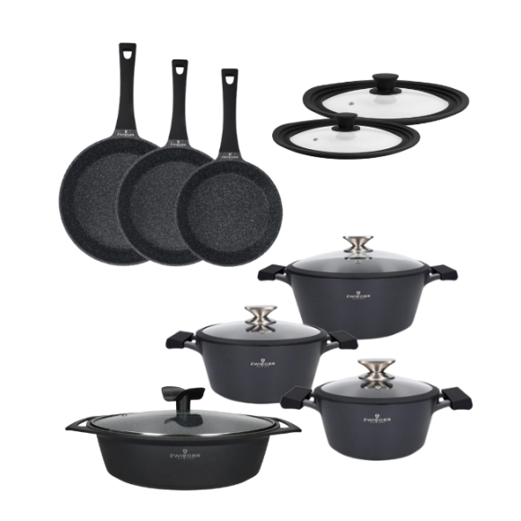 ZWIEGER BLACK STONE Zestaw garnków z pokrywkami 20, 24, 28 cm + Patelnie 20, 24, 28 cm + Brytfanna 33 cm + Pokrywki silikonowe TADAR