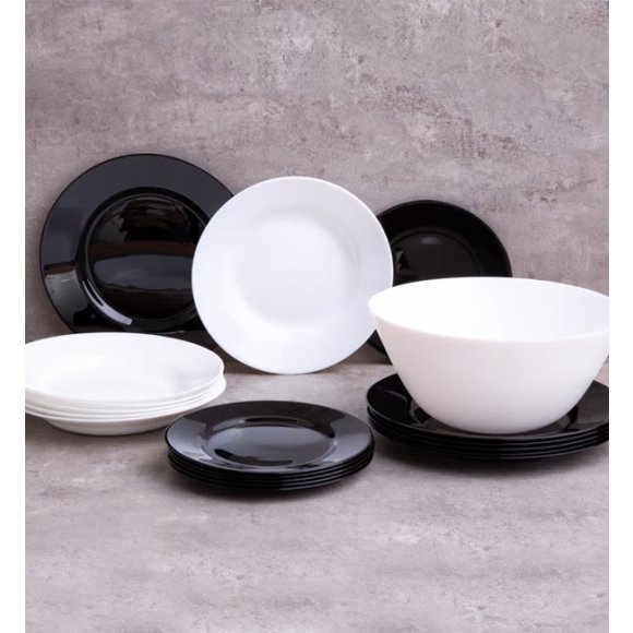 WYPRZEDAŻ! LUMINARC PLUMI Serwis obiadowy 18 el dla 6 osób / biało-czarny / szkło