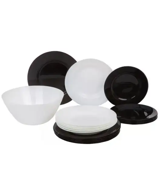 WYPRZEDAŻ! LUMINARC PLUMI Serwis obiadowy 12 el dla 4 osób / biało-czarny / szkło