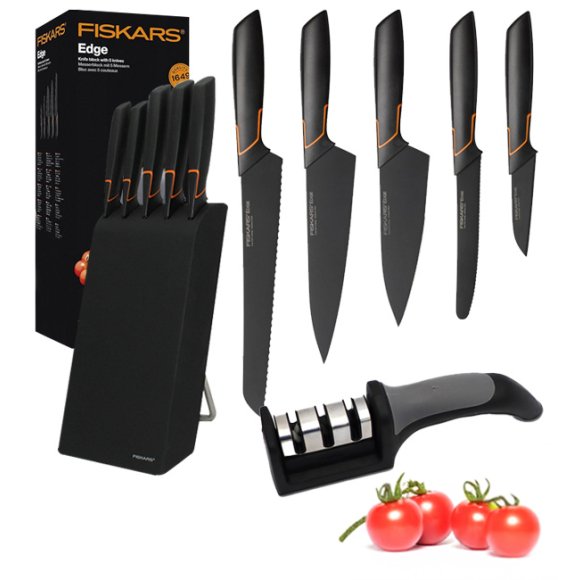 FISKARS EDGE 1003099 Zestaw 5 noży kuchennych w bloku czarnym / stal 420J2 / czarne ostrza + OSTRZAŁKA Koopman