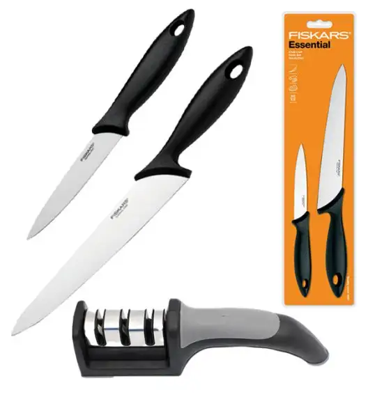 FISKARS ESSENTIAL 1065582 Zestaw 2 noży Szefa kuchni / stal nierdzewna + ostrzałka KOOPMAN