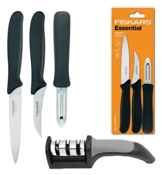 FISKARS ESSENTIAL 1024162 Zestaw 3 noży do obierania / stal nierdzewna HRC 53 + OSTRZAŁKA Koopman