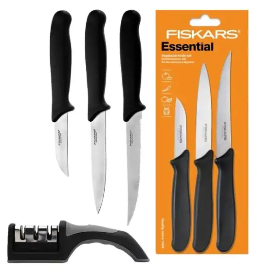 FISKARS ESSENTIAL 1023785 Zestaw 3 noży warzyw / stal nierdzewna+ ostrzałka KOOPMAN