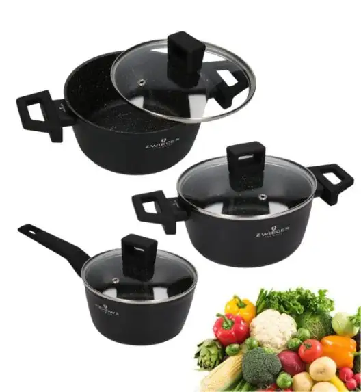ZWIEGER FORTE Komplet garnków z pokrywkami 6 el /16, 18, 20 cm + Patelnia 20, 24, 28 cm  aluminium