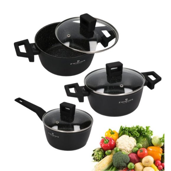 ZWIEGER FORTE Komplet garnków z pokrywkami 6 el /16, 18, 20 cm + Patelnia 20, 24, 28 cm  aluminium