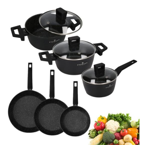 ZWIEGER FORTE Komplet garnków z pokrywkami 6 el /16, 18, 20 cm + Patelnia 20, 24, 28 cm + pokrywki Zwieger / aluminium