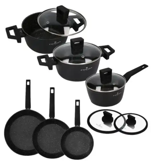 ZWIEGER FORTE Komplet garnków z pokrywkami 6 el /16, 18, 20 cm + Patelnia 20, 24, 28 cm + pokrywki Zwieger / aluminium